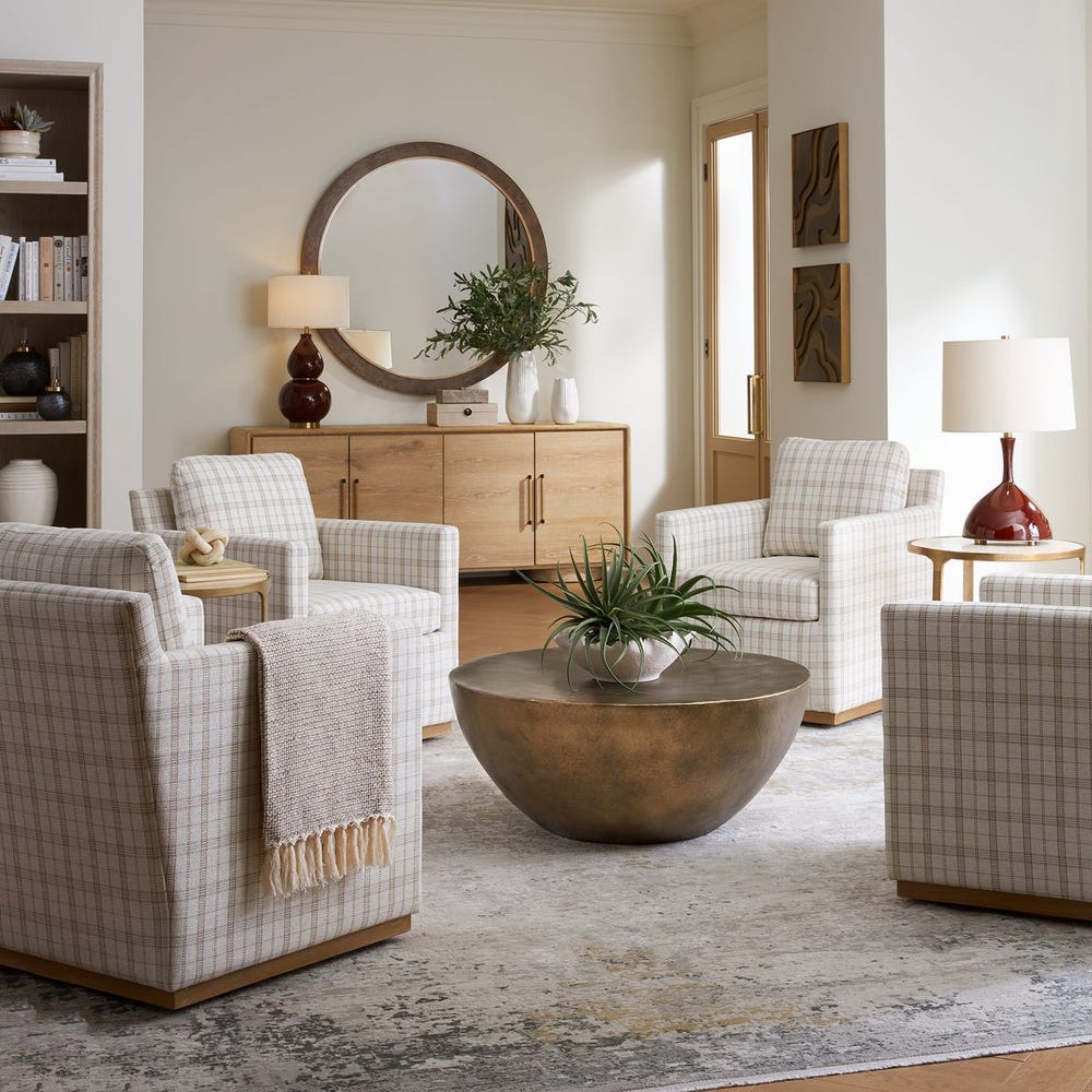 Basie Swivel Chair, Taupe Plaid