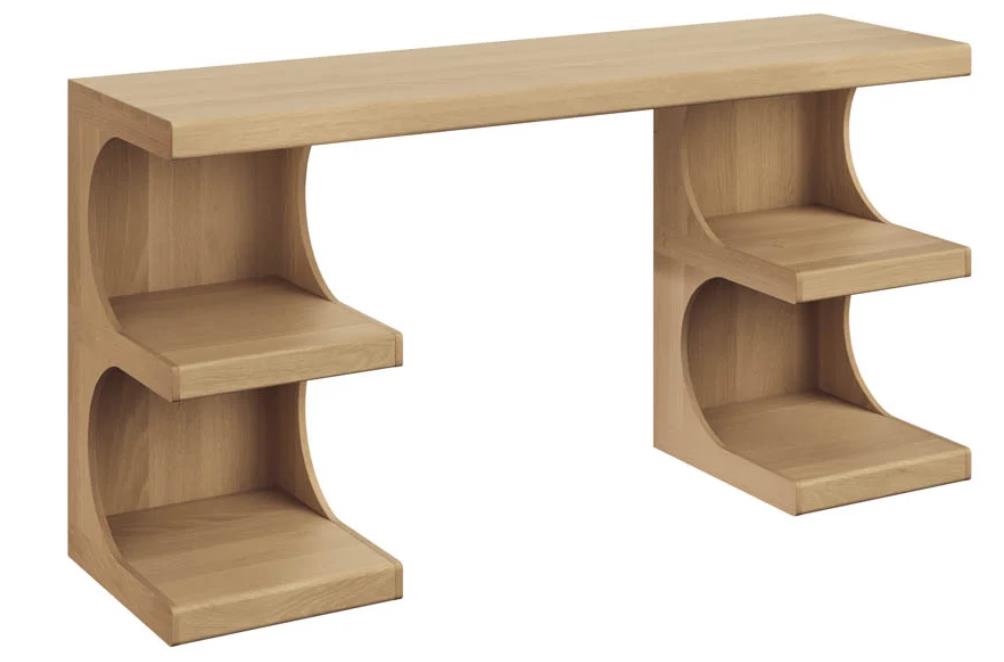 Sculptural light oak desk with curved cutout shelving