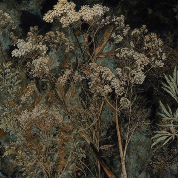 Copper Garden Wallpaper swatch, dark botanical pattern
